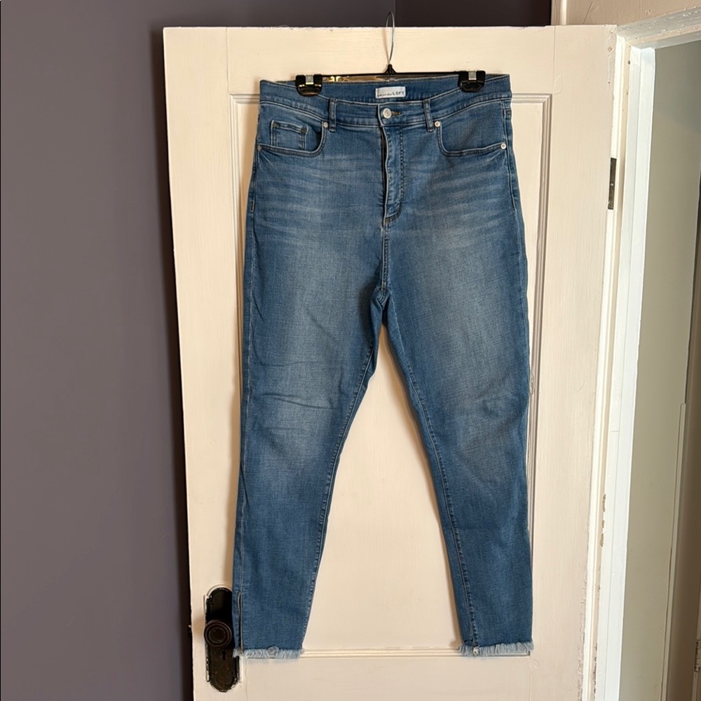 LOFT Blue Skinny Jeans with Medium Wash Frayed Ankle and Side Slit